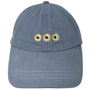 Rubi Baseball Cap Hat Blue OS Embroidered Sunflowers Adjustable Cotton Curved